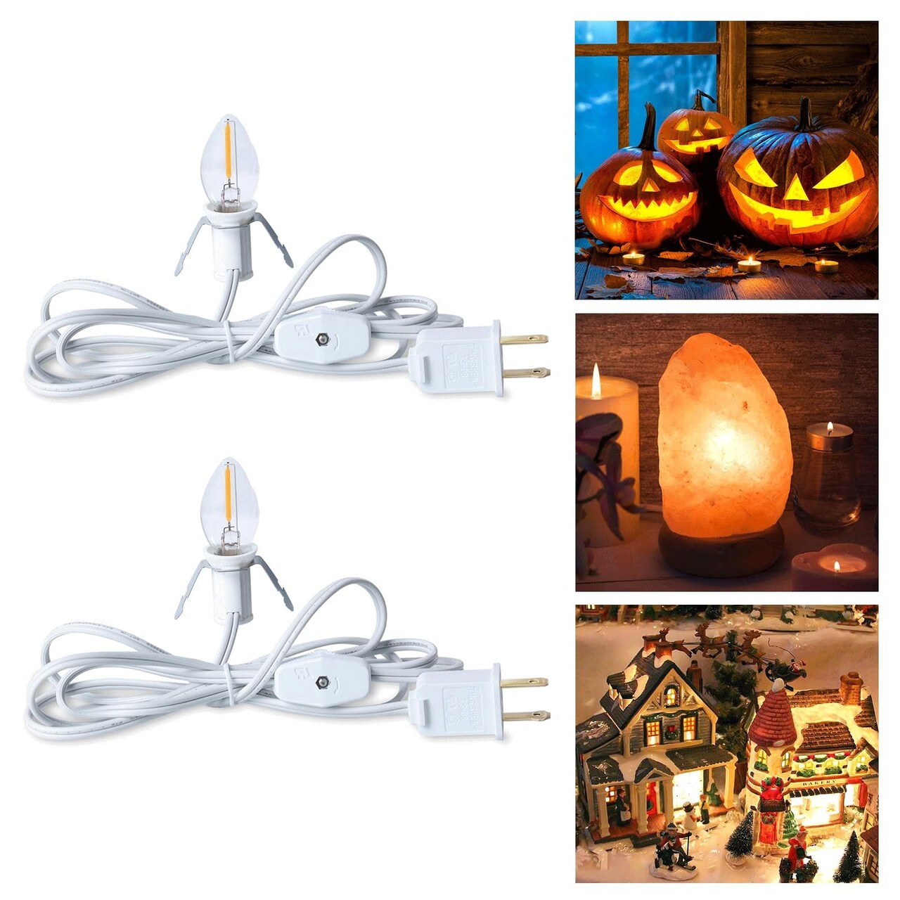 Accessory Cord with LED Bulb - 6ft Cord with On/Off Switch for Night Lights, Halloween Pumpkin, Blow Mold, Christmas Village House, Holiday Ceramic Trees, Craft Projects, 2 Pack